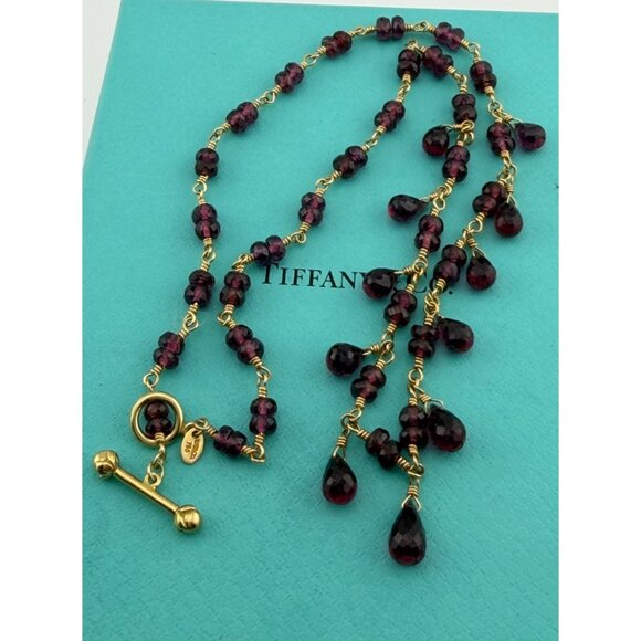 Tiffany & Co. 18k Yellow Gold Garnet Rhodolite Twist Toggle Necklace 16.5" 16g - Picture 6 of 9